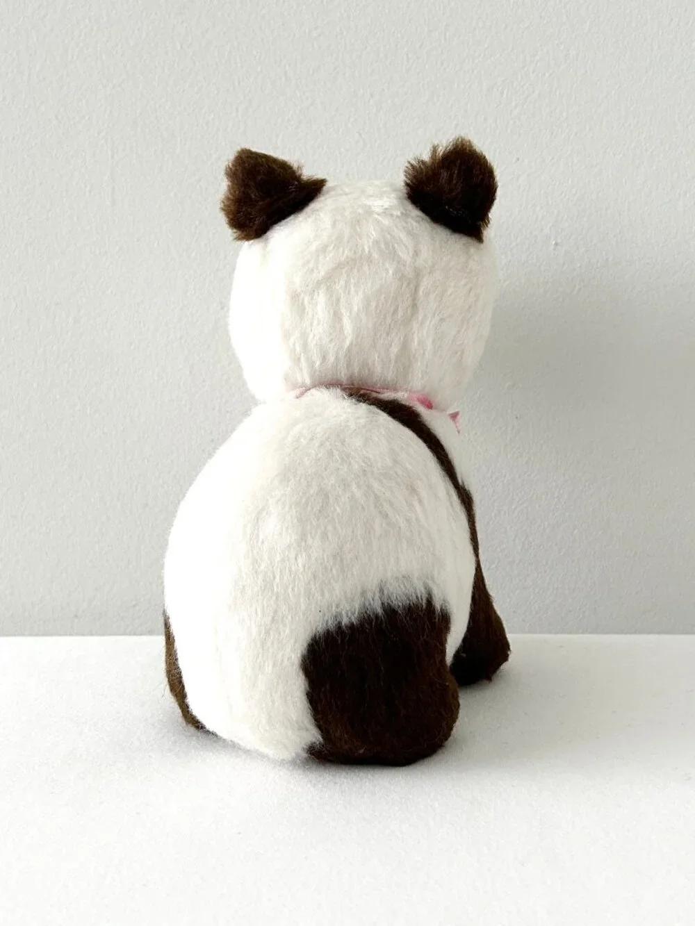 Vintage Panda Bear Plush Stuffed Animal Toy Brown Wht Fur Hard Body Pink Ribbon